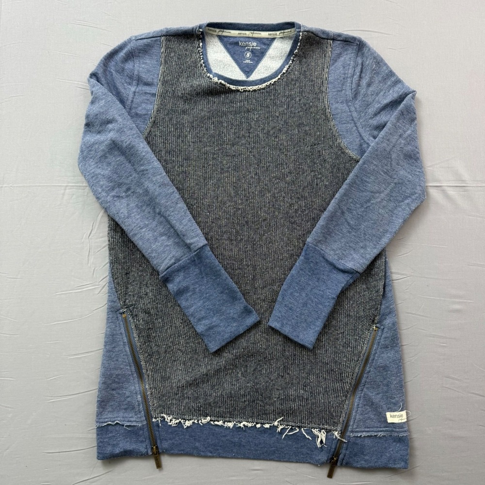 Kensie Performance Blue Mixed Media Tunic Sweatshirt Side Zip Distressed Small